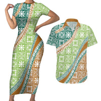 Hawaiian Quilt Pattern Couples Matching Short Sleeve Bodycon Dress and Hawaiian Shirt Green Chestnut Color Mixed LT01 Green - Polynesian Pride