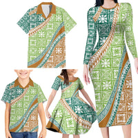 Hawaiian Quilt Pattern Family Matching Long Sleeve Bodycon Dress and Hawaiian Shirt Green Chestnut Color Mixed LT01 - Polynesian Pride