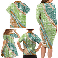 Hawaiian Quilt Pattern Family Matching Long Sleeve Bodycon Dress and Hawaiian Shirt Green Chestnut Color Mixed LT01 - Polynesian Pride