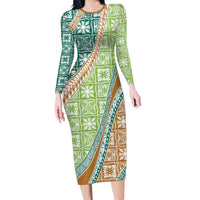 Hawaiian Quilt Pattern Family Matching Long Sleeve Bodycon Dress and Hawaiian Shirt Green Chestnut Color Mixed LT01 Mom's Dress Green - Polynesian Pride