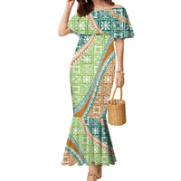 Hawaiian Quilt Pattern Family Matching Mermaid Dress and Hawaiian Shirt Green Chestnut Color Mixed LT01 Mom's Dress Green - Polynesian Pride
