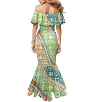 Hawaiian Quilt Pattern Family Matching Mermaid Dress and Hawaiian Shirt Green Chestnut Color Mixed LT01 - Polynesian Pride