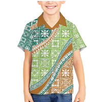 Hawaiian Quilt Pattern Family Matching Mermaid Dress and Hawaiian Shirt Green Chestnut Color Mixed LT01 Son's Shirt Green - Polynesian Pride