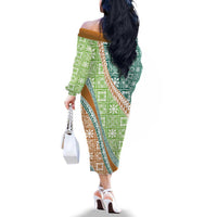 Hawaiian Quilt Pattern Family Matching Off The Shoulder Long Sleeve Dress and Hawaiian Shirt Green Chestnut Color Mixed LT01 - Polynesian Pride