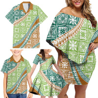 Hawaiian Quilt Pattern Family Matching Off Shoulder Short Dress and Hawaiian Shirt Green Chestnut Color Mixed LT01 - Polynesian Pride
