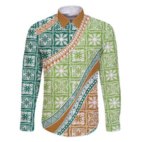 Hawaiian Quilt Pattern Family Matching Off Shoulder Short Dress and Hawaiian Shirt Green Chestnut Color Mixed LT01 Dad's Shirt - Long Sleeve Green - Polynesian Pride