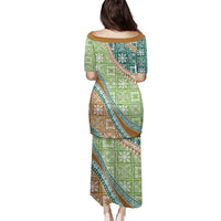 Hawaiian Quilt Pattern Family Matching Puletasi and Hawaiian Shirt Green Chestnut Color Mixed LT01 - Polynesian Pride