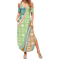 Hawaiian Quilt Pattern Family Matching Summer Maxi Dress and Hawaiian Shirt Green Chestnut Color Mixed LT01 Mom's Dress Green - Polynesian Pride