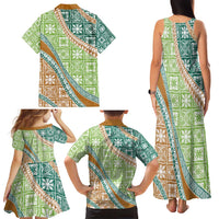 Hawaiian Quilt Pattern Family Matching Tank Maxi Dress and Hawaiian Shirt Green Chestnut Color Mixed LT01 - Polynesian Pride