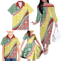 Hawaiian Quilt Pattern Family Matching Off The Shoulder Long Sleeve Dress and Hawaiian Shirt Special Color Mixed LT01 - Polynesian Pride