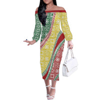Hawaiian Quilt Pattern Family Matching Off The Shoulder Long Sleeve Dress and Hawaiian Shirt Special Color Mixed LT01 Mom's Dress Multicolor - Polynesian Pride