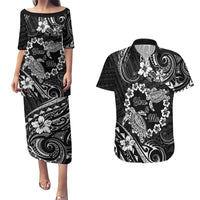 Polynesian Turtle Valentine Couples Matching Puletasi and Hawaiian Shirt You And Me Hibiscus Heart LT01 Black - Polynesian Pride