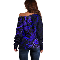Polynesian Turtle Valentine Off Shoulder Sweater You And Me Navy Blue Hibiscus Heart LT01 - Polynesian Pride