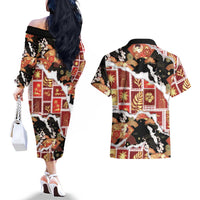 Hawaii Japanese Culture Black Couples Matching Off The Shoulder Long Sleeve Dress and Hawaiian Shirt Spring Cranes Aloha Pattern LT01 - Polynesian Pride