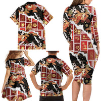 Hawaii Japanese Culture Black Family Matching Long Sleeve Bodycon Dress and Hawaiian Shirt Spring Cranes Aloha Pattern LT01 - Polynesian Pride