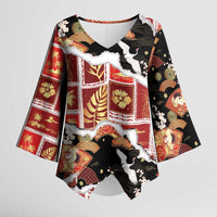 Hawaii Japanese Culture Black Kimono Sleeve Blouse Spring Cranes Aloha Pattern