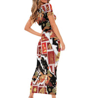 Hawaii Japanese Culture Black Short Sleeve Bodycon Dress Spring Cranes Aloha Pattern