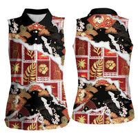 Hawaii Japanese Culture Black Women Sleeveless Polo Shirt Spring Cranes Aloha Pattern
