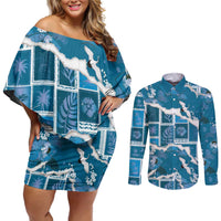 Hawaii Japanese Culture Blue Couples Matching Off Shoulder Short Dress and Long Sleeve Button Shirt Spring Cranes Aloha Pattern
