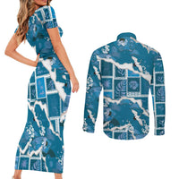 Hawaii Japanese Culture Blue Couples Matching Short Sleeve Bodycon Dress and Long Sleeve Button Shirt Spring Cranes Aloha Pattern