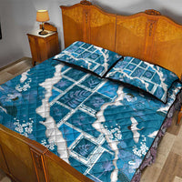 Hawaii Japanese Culture Blue Quilt Bed Set Spring Cranes Aloha Pattern