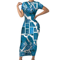 Hawaii Japanese Culture Blue Short Sleeve Bodycon Dress Spring Cranes Aloha Pattern