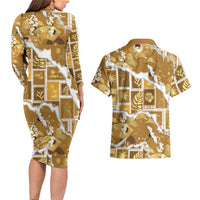 Hawaii Japanese Culture Gold Couples Matching Long Sleeve Bodycon Dress and Hawaiian Shirt Spring Cranes Aloha Pattern LT01 - Polynesian Pride