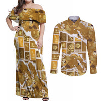 Hawaii Japanese Culture Gold Couples Matching Off Shoulder Maxi Dress and Long Sleeve Button Shirt Spring Cranes Aloha Pattern