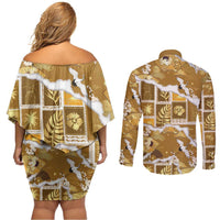 Hawaii Japanese Culture Gold Couples Matching Off Shoulder Short Dress and Long Sleeve Button Shirt Spring Cranes Aloha Pattern