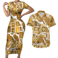 Hawaii Japanese Culture Gold Couples Matching Short Sleeve Bodycon Dress and Hawaiian Shirt Spring Cranes Aloha Pattern LT01 Gold - Polynesian Pride