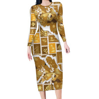 Hawaii Japanese Culture Gold Family Matching Long Sleeve Bodycon Dress and Hawaiian Shirt Spring Cranes Aloha Pattern LT01 Mom's Dress Gold - Polynesian Pride