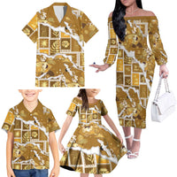 Hawaii Japanese Culture Gold Family Matching Off The Shoulder Long Sleeve Dress and Hawaiian Shirt Spring Cranes Aloha Pattern LT01 - Polynesian Pride