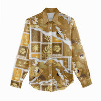 Hawaii Japanese Culture Gold Women Casual Shirt Spring Cranes Aloha Pattern