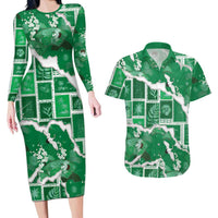 Hawaii Japanese Culture Green Couples Matching Long Sleeve Bodycon Dress and Hawaiian Shirt Spring Cranes Aloha Pattern LT01 Green - Polynesian Pride