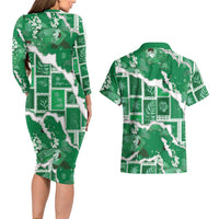 Hawaii Japanese Culture Green Couples Matching Long Sleeve Bodycon Dress and Hawaiian Shirt Spring Cranes Aloha Pattern LT01 - Polynesian Pride