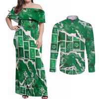 Hawaii Japanese Culture Green Couples Matching Off Shoulder Maxi Dress and Long Sleeve Button Shirt Spring Cranes Aloha Pattern