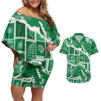 Hawaii Japanese Culture Green Couples Matching Off Shoulder Short Dress and Hawaiian Shirt Spring Cranes Aloha Pattern LT01 Green - Polynesian Pride