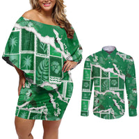 Hawaii Japanese Culture Green Couples Matching Off Shoulder Short Dress and Long Sleeve Button Shirt Spring Cranes Aloha Pattern