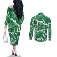 Hawaii Japanese Culture Green Couples Matching Off The Shoulder Long Sleeve Dress and Long Sleeve Button Shirt Spring Cranes Aloha Pattern LT01 - Polynesian Pride