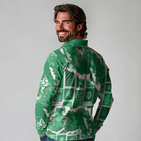 Hawaii Japanese Culture Green Long Sleeve Polo Shirt Spring Cranes Aloha Pattern