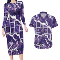 Hawaii Japanese Culture Purple Couples Matching Long Sleeve Bodycon Dress and Hawaiian Shirt Spring Cranes Aloha Pattern LT01 Purple - Polynesian Pride