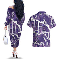Hawaii Japanese Culture Purple Couples Matching Off The Shoulder Long Sleeve Dress and Hawaiian Shirt Spring Cranes Aloha Pattern LT01 - Polynesian Pride