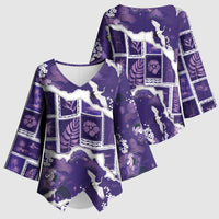 Hawaii Japanese Culture Purple Kimono Sleeve Blouse Spring Cranes Aloha Pattern