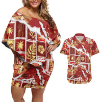 Hawaii Japanese Culture Red Couples Matching Off Shoulder Short Dress and Hawaiian Shirt Spring Cranes Aloha Pattern