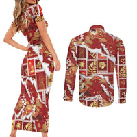 Hawaii Japanese Culture Red Couples Matching Short Sleeve Bodycon Dress and Long Sleeve Button Shirt Spring Cranes Aloha Pattern