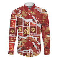 Hawaii Japanese Culture Red Family Matching Off Shoulder Maxi Dress and Hawaiian Shirt Spring Cranes Aloha Pattern LT01 Dad's Shirt - Long Sleeve Red - Polynesian Pride