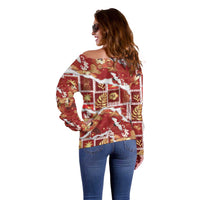 Hawaii Japanese Culture Red Off Shoulder Sweater Spring Cranes Aloha Pattern