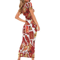 Hawaii Japanese Culture Red Short Sleeve Bodycon Dress Spring Cranes Aloha Pattern