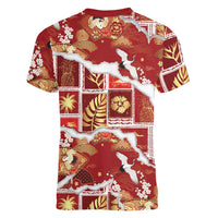 Hawaii Japanese Culture Red Women V-Neck T-Shirt Spring Cranes Aloha Pattern
