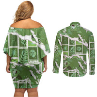 Hawaii Japanese Culture Sage Green Couples Matching Off Shoulder Short Dress and Long Sleeve Button Shirt Spring Cranes Aloha Pattern